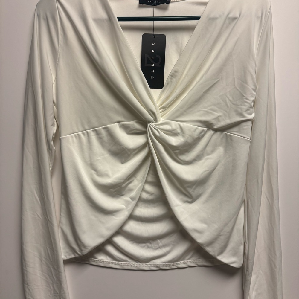 Chic Cream Long Sleeve Twist Front Blouse